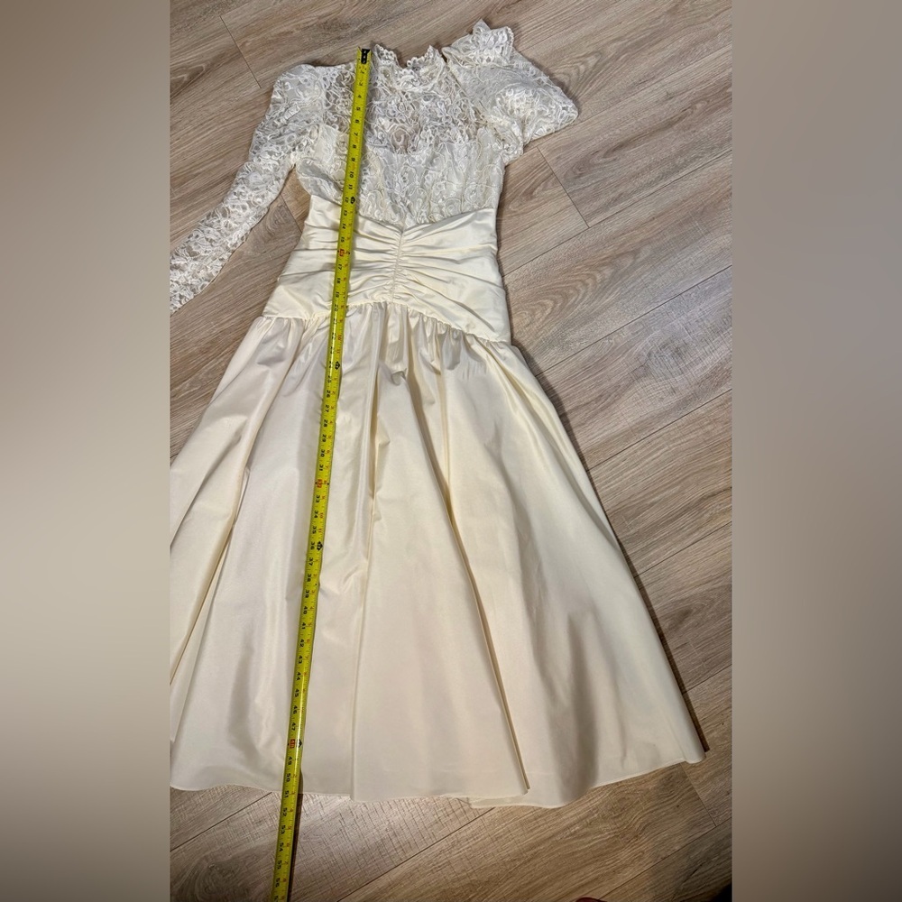 Dessy Creations Vintage Ivory Lace Tea-Length Wedding Dress Ruched Waist - Picture 15 of 16